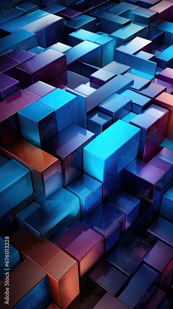 Poster a bunch of blue and red boxes that are stacked on top of each other on a blue surface with a red lig