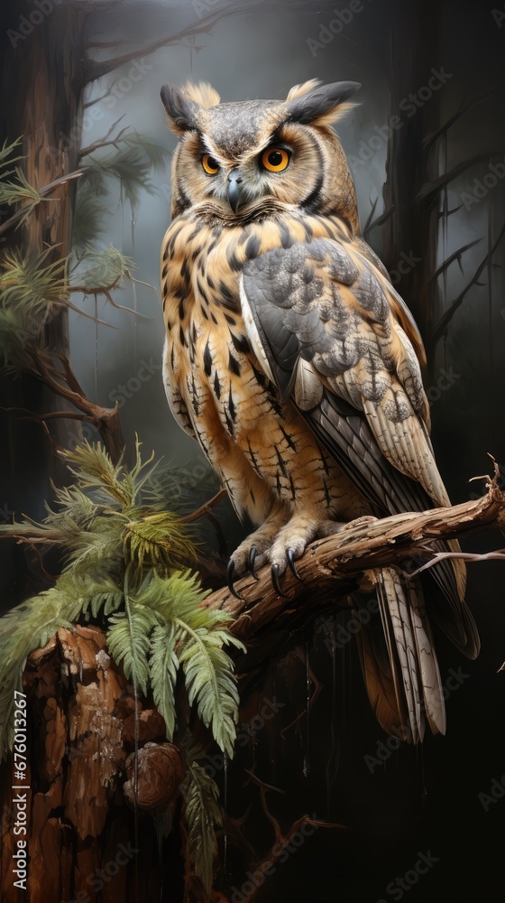 Poster a painting of an owl sitting on top of a tree branch in a forest with a full moon in the background.