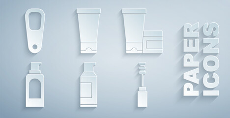 Set Spray can for hairspray, Cream lotion cosmetic tube, Mascara brush, and Pumice feet icon. Vector