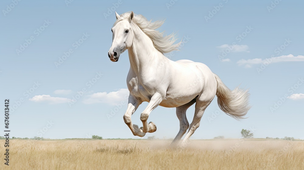 Poster a white horse is galloping through a field of tall grass with a blue sky and clouds in the backgroun