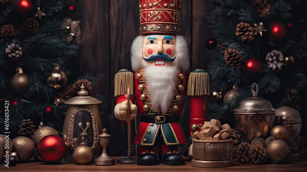 Poster a nutcracker standing in front of a christmas tree with ornaments around it and a christmas tree in 