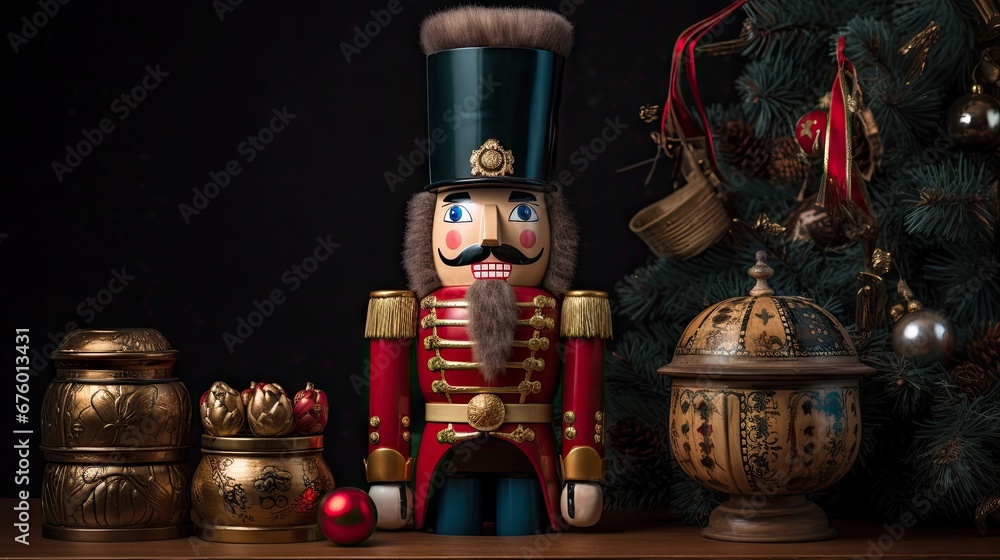 Aufkleber a nutcracker sitting on a table next to a christmas tree with ornaments and a christmas tree in the 