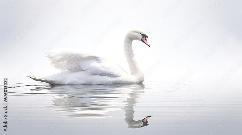 Poster a large white swan floating on top of a lake next to a small white bird with it's wings spread out. 