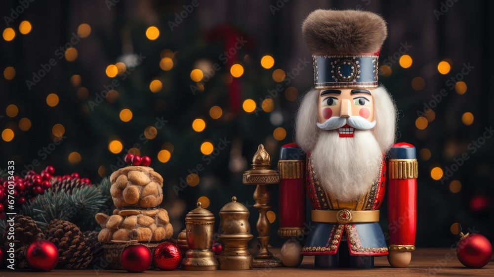 Poster a nutcracker figurine sitting on a table next to a christmas tree with lights in the background. gen