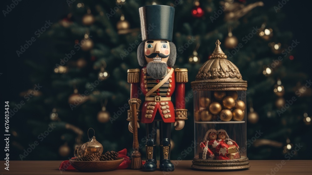 Poster a nutcracker next to a christmas tree with a christmas ornament in the shape of a nutcracker. genera