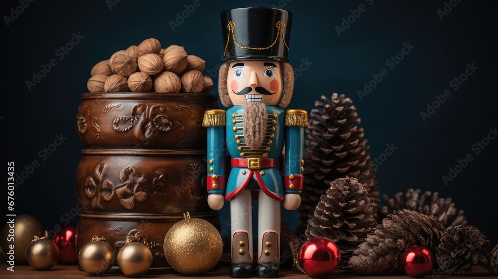Poster a nutcracker is standing next to a stack of christmas balls and a pine cone on a wooden table. gener