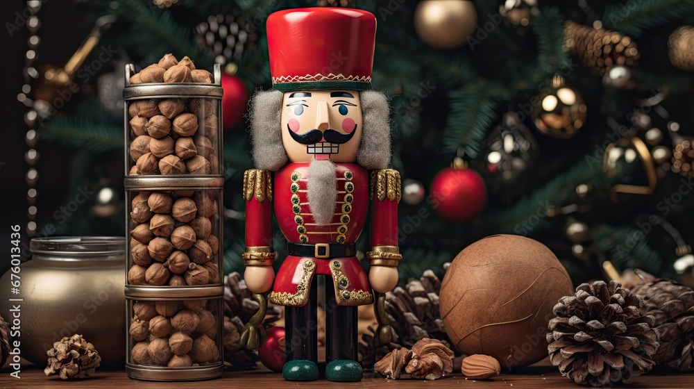 Poster a nutcracker nutcracker with a nutcracker in the foreground and a christmas tree in the background. 