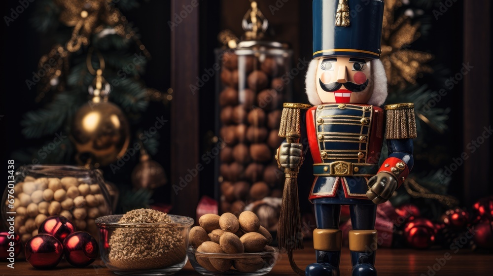 Poster a nutcracker figurine standing next to a bowl of nuts and a christmas tree in the background. genera