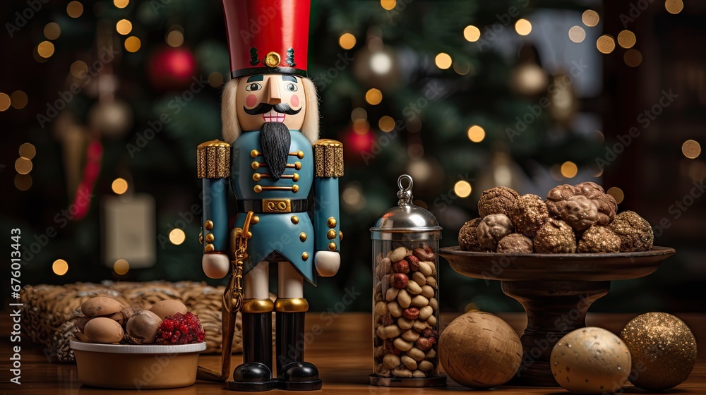 Poster a nutcracker nutcracker with a nutcracker in front of it and a christmas tree in the background. gen