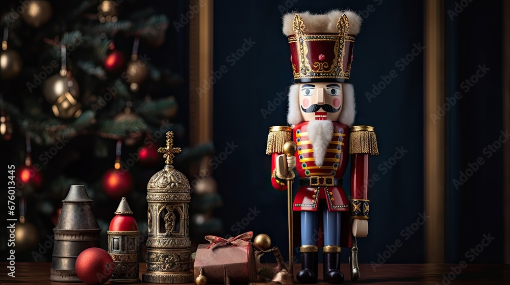 Poster a nutcracker is standing in front of a christmas tree with other ornaments and a christmas tree in t