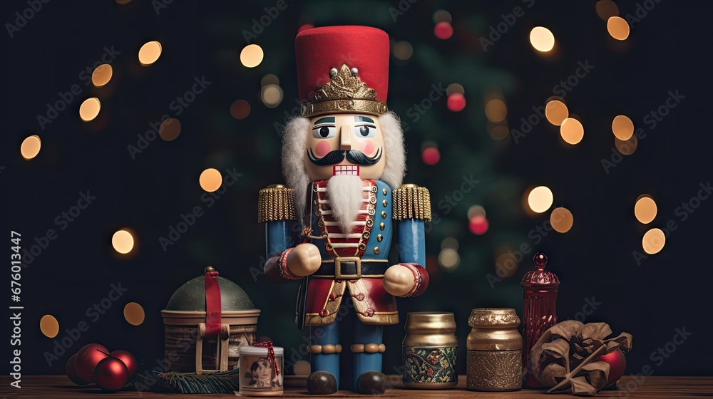 Poster a nutcracker figurine sitting on a table next to a christmas tree with lights in the background. gen