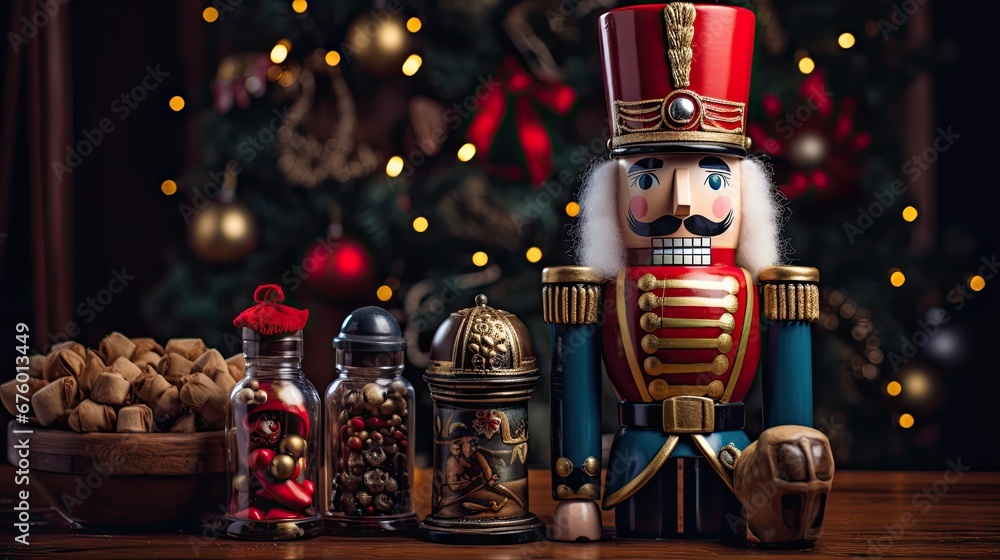 Poster a nutcracker sitting on a table next to a bowl of cookies and a christmas tree with lights in the ba