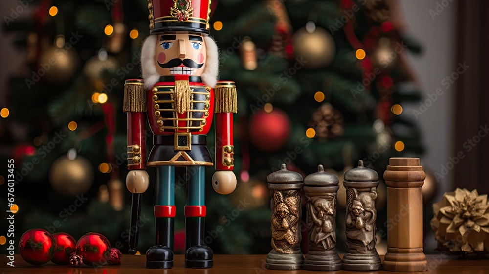 Poster a nutcracker is standing in front of a christmas tree and a set of salt and pepper shakers. generati