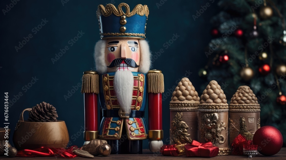 Poster a nutcracker is standing in front of a christmas tree with other decorations and a christmas tree in