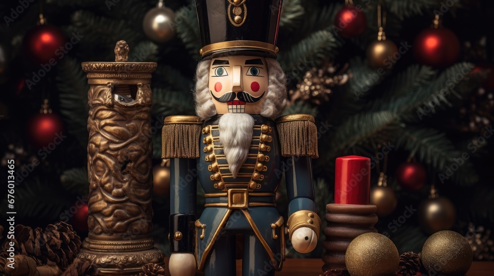 Poster a nutcracker is standing in front of a christmas tree with ornaments and a candle holder in front of