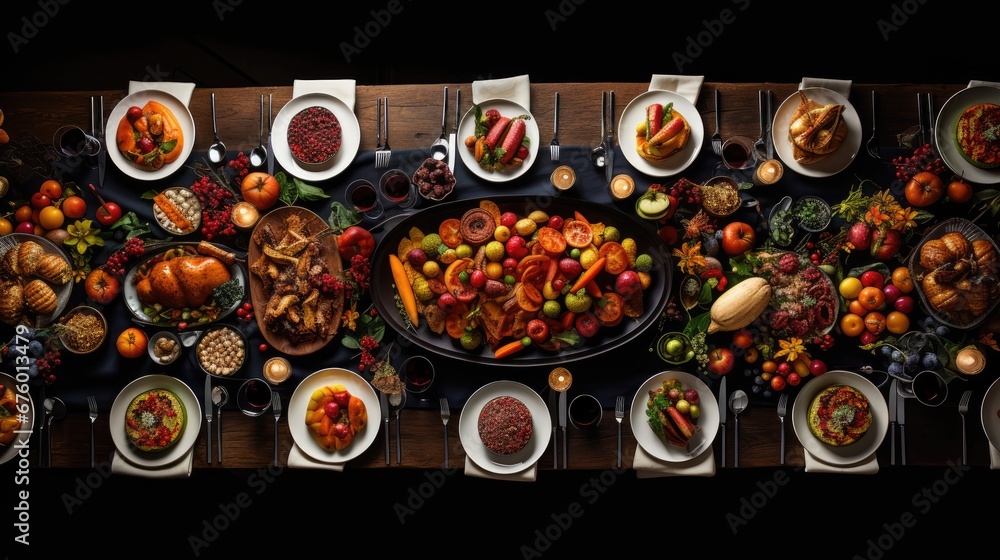 Poster a table topped with lots of plates and bowls filled with different types of food on top of a wooden 
