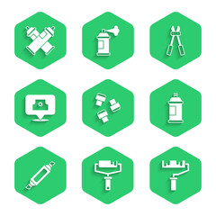 Set Marker pen attachment, Paint roller brush, spray can, Spray nozzle cap, Bolt cutter and icon. Vector