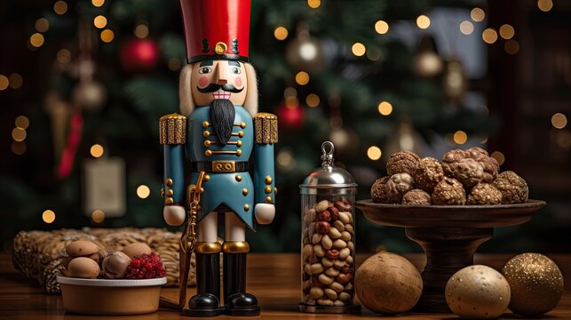  a nutcracker nutcracker with a nutcracker in front of it and a christmas tree in the background.  generative ai