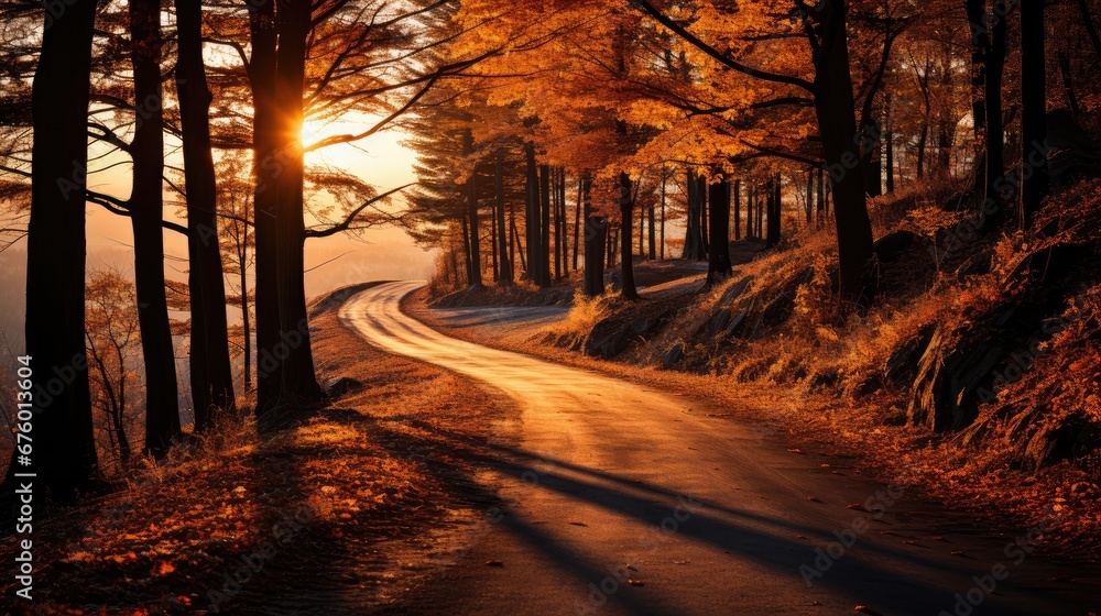 Poster a dirt road in the middle of a forest with trees on both sides of it and the sun shining through the
