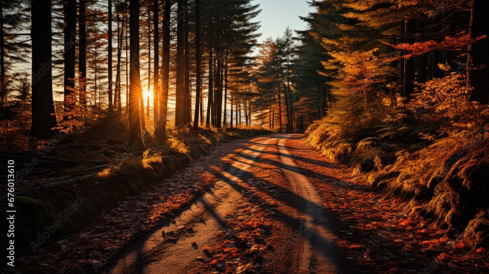 Poster a dirt road in the middle of a forest with trees on both sides of it and the sun shining through the