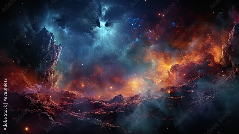 Poster an image of a space scene with a cat in the center of the image and stars in the sky in the backgrou