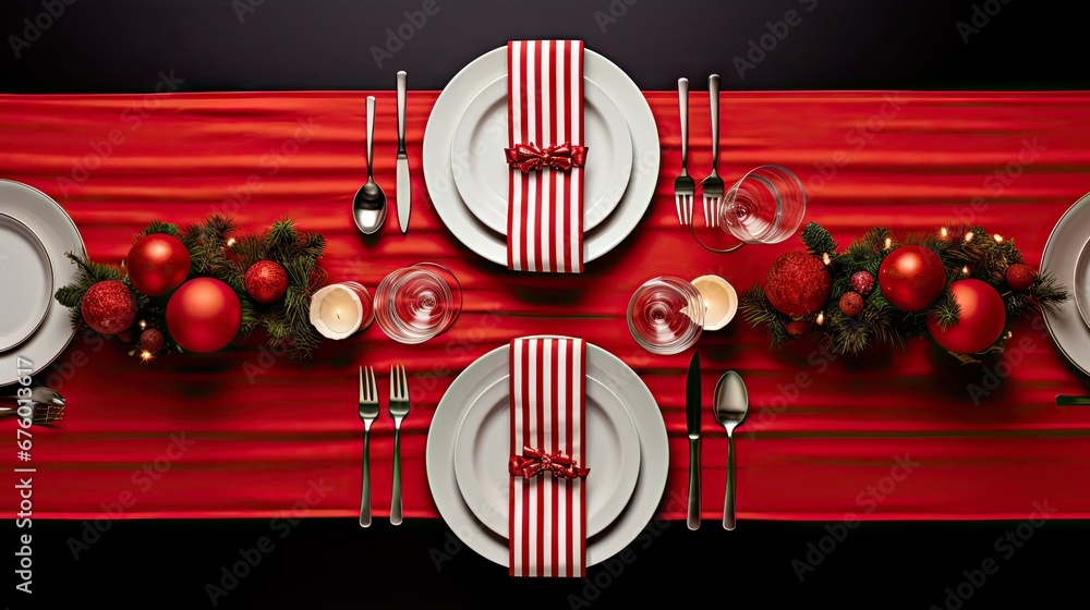 Poster a table set for christmas with a red table cloth and red and white plates and silverware and silverw
