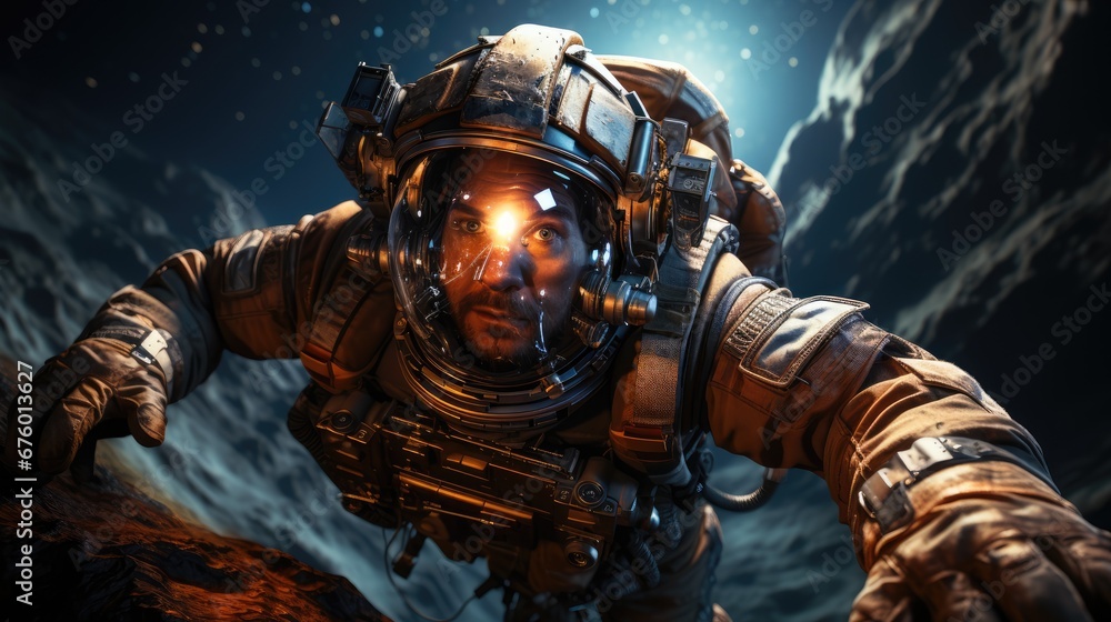 Poster a man in a space suit standing in front of a space station with a flashlight in his hand and a plane