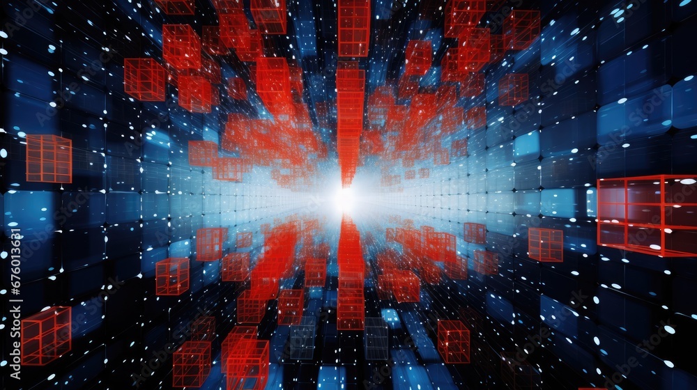 Poster an abstract image of red and blue cubes with a white light at the end of the image in the center of 