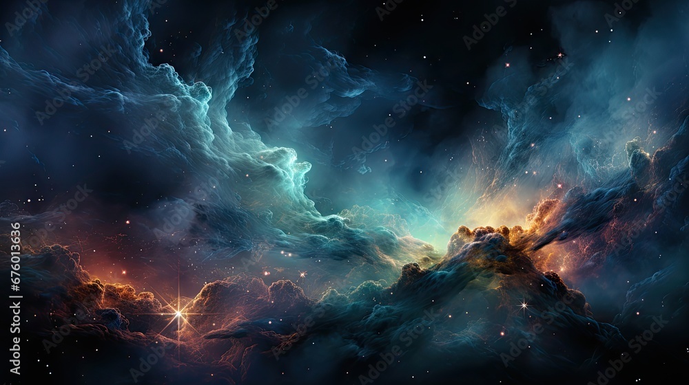 Poster an image of a space scene with stars in the sky and a mountain in the foreground with a blue sky fil