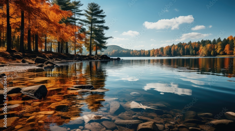 Poster a body of water surrounded by trees with rocks in the foreground and a blue sky with clouds in the b