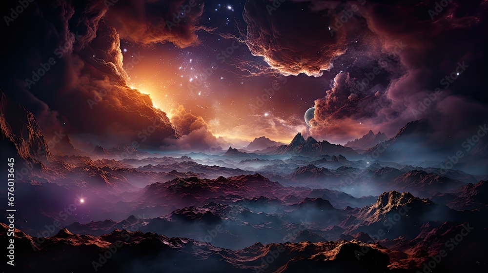 Poster a view of a mountain range with a sky filled with stars and clouds in the distance, with a distant s