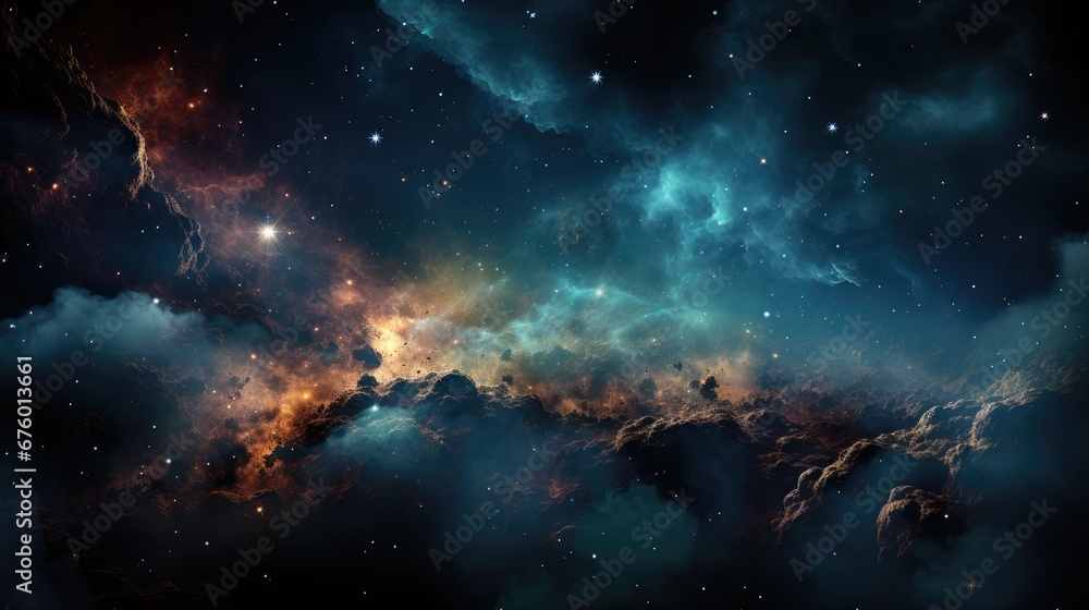 Poster an image of a space scene with stars and clouds in the foreground and a blue sky filled with stars a