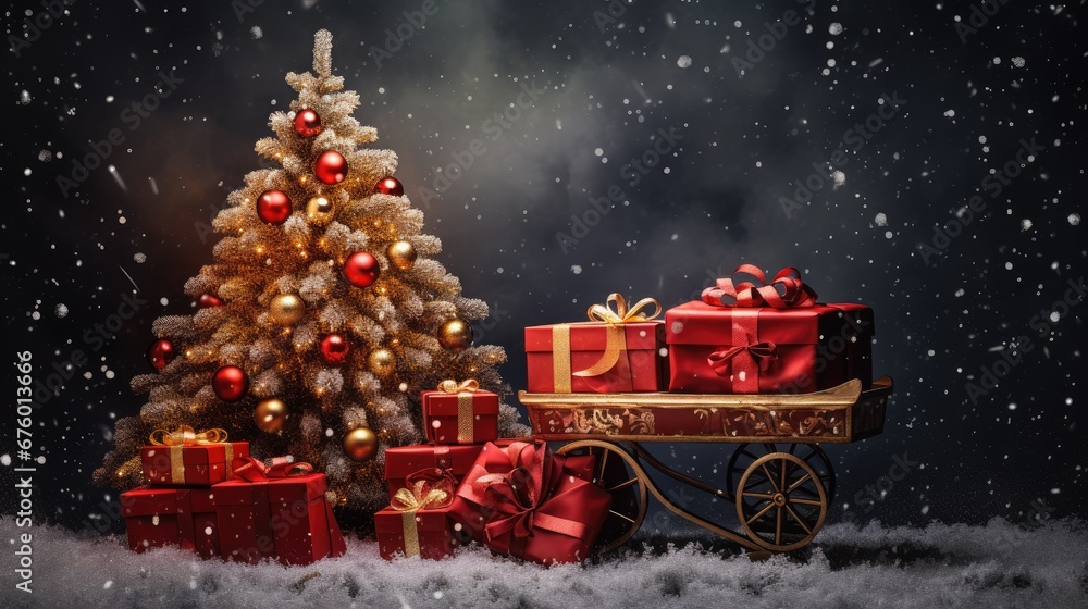 Poster a christmas tree sitting next to a cart with presents on it and a christmas tree in the background w