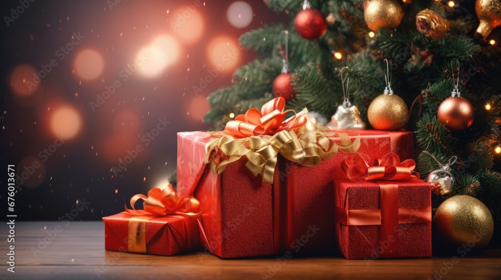Poster a christmas tree with presents in front of it and a red and gold christmas tree with ornaments and l