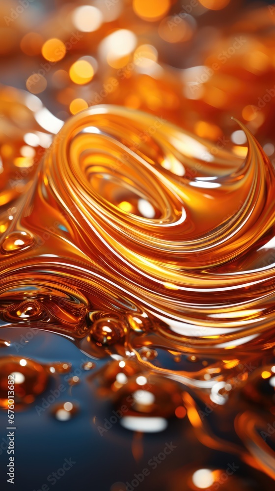 Poster a close up view of a liquid with a swirly pattern on the bottom of the image and a blurry background