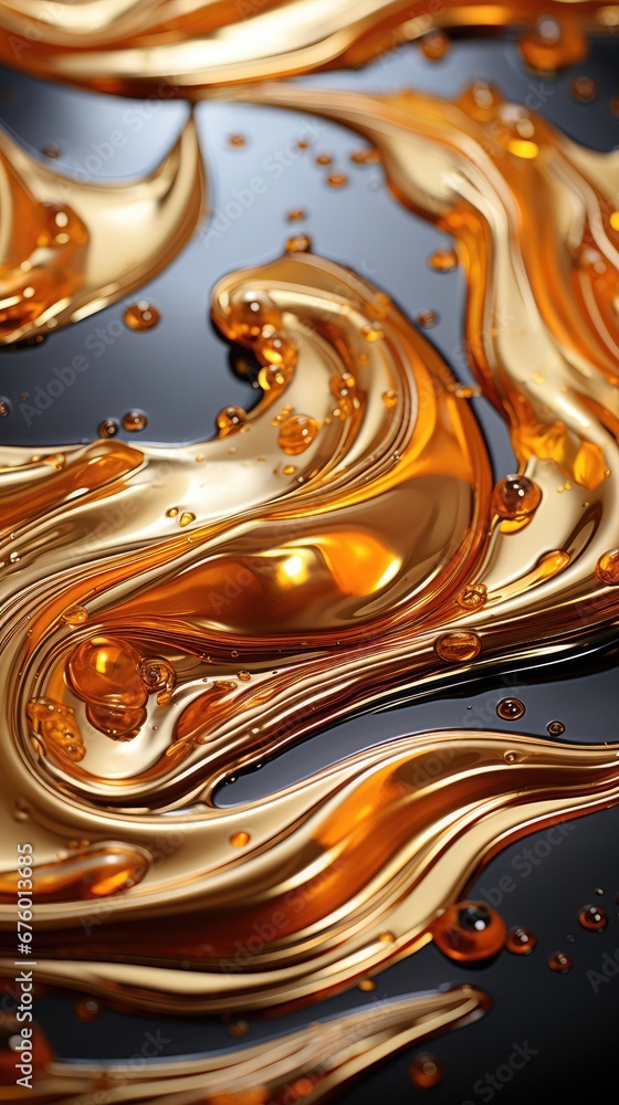 Aufkleber a close up of a liquid pattern on a black and gold surface with water droplets on the bottom of the 