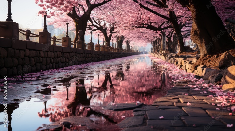 Poster a river running through a park next to a stone wall and a row of trees with pink flowers on them. ge