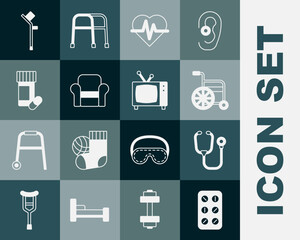 Set Pills in blister pack, Stethoscope, Wheelchair, Heart rate, Armchair, Medicine bottle and pills, Crutch or crutches and Retro tv icon. Vector