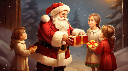 Santa Claus giving presents to little children. Merry Christmas and Happy New Year concept