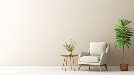 White color wall mock up in warm tones with green armchair and decoration minimal.3d rendering