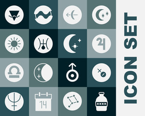 Set Bottle of water, Venus symbol, Symbol Jupiter, Sagittarius zodiac, Uranus, Sun, Earth element and Moon and stars icon. Vector