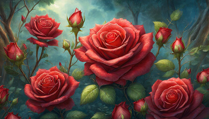 Natural fresh red roses flowers pattern wallpaper