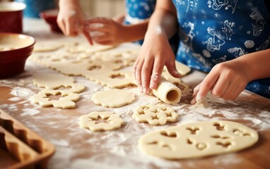 Close-up of child making cookies at table in bakery