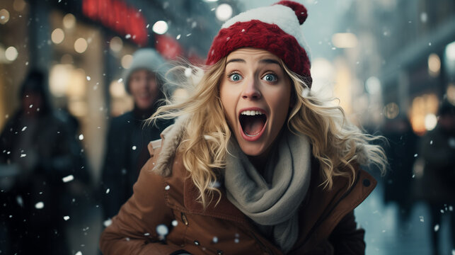 Ai generated image with a surprised woman on the street with christmas decorations 