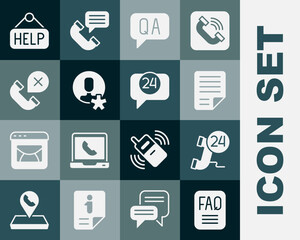 Set FAQ information, Telephone 24 hours support, File document, Question and Answer, Elected employee, Declined missed call, Signboard with text Help and icon. Vector