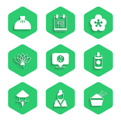 Set Yin Yang symbol, Asian woman, ice bowl with chopstick, Firework, Chinese conical straw hat, Lotus flower, and Dumpling icon. Vector