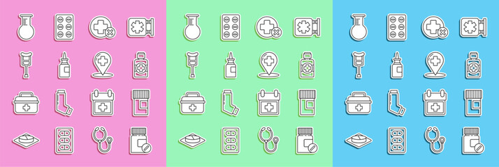 Set line Medicine bottle and pills, Bottle of medicine syrup, Cross hospital medical, nasal spray, Crutch or crutches, Test tube flask and Map pointer with cross icon. Vector