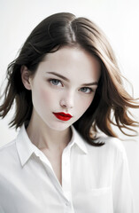 ritratto di giovane affascinante ragazza, capelli castano scuro, labbra con rossetto rosso, camicia bianca aperta