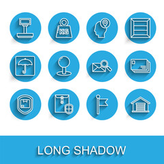 Set line Delivery pack security with shield, Envelope, Scale, Location marker, Warehouse, Push pin, and magnifying glass icon. Vector