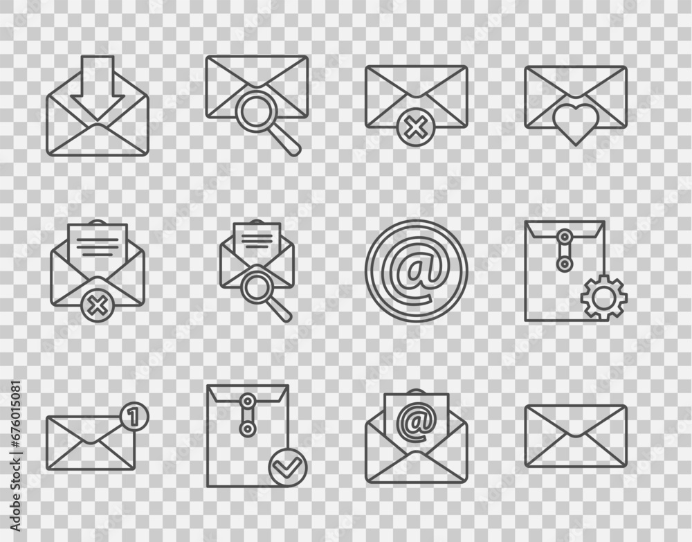 Poster set line envelope, delete envelope, and check mark, with magnifying glass, mail e-mail and setting i